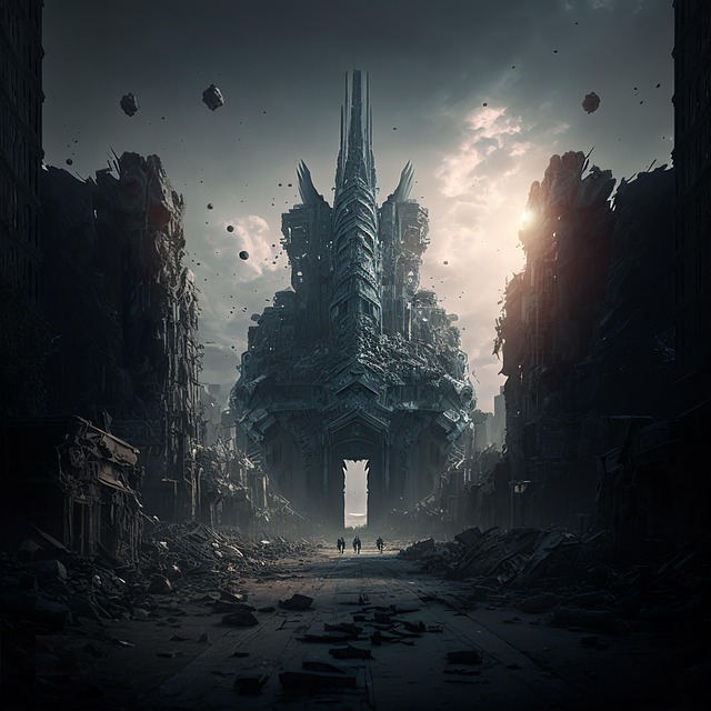 Post-apocalyptic landscape with advanced vehicles.